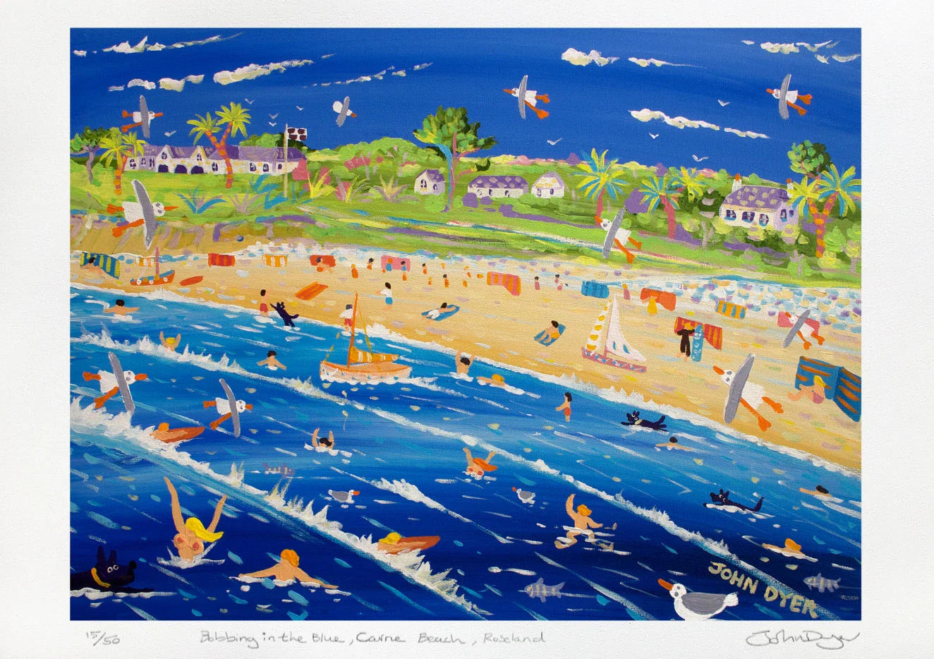 Signed Limited Edition Print by Cornish Artist John Dyer. 'Bobbing in the Blue, Carne Beach, Roseland'. Cornwall Art Print - Image 2