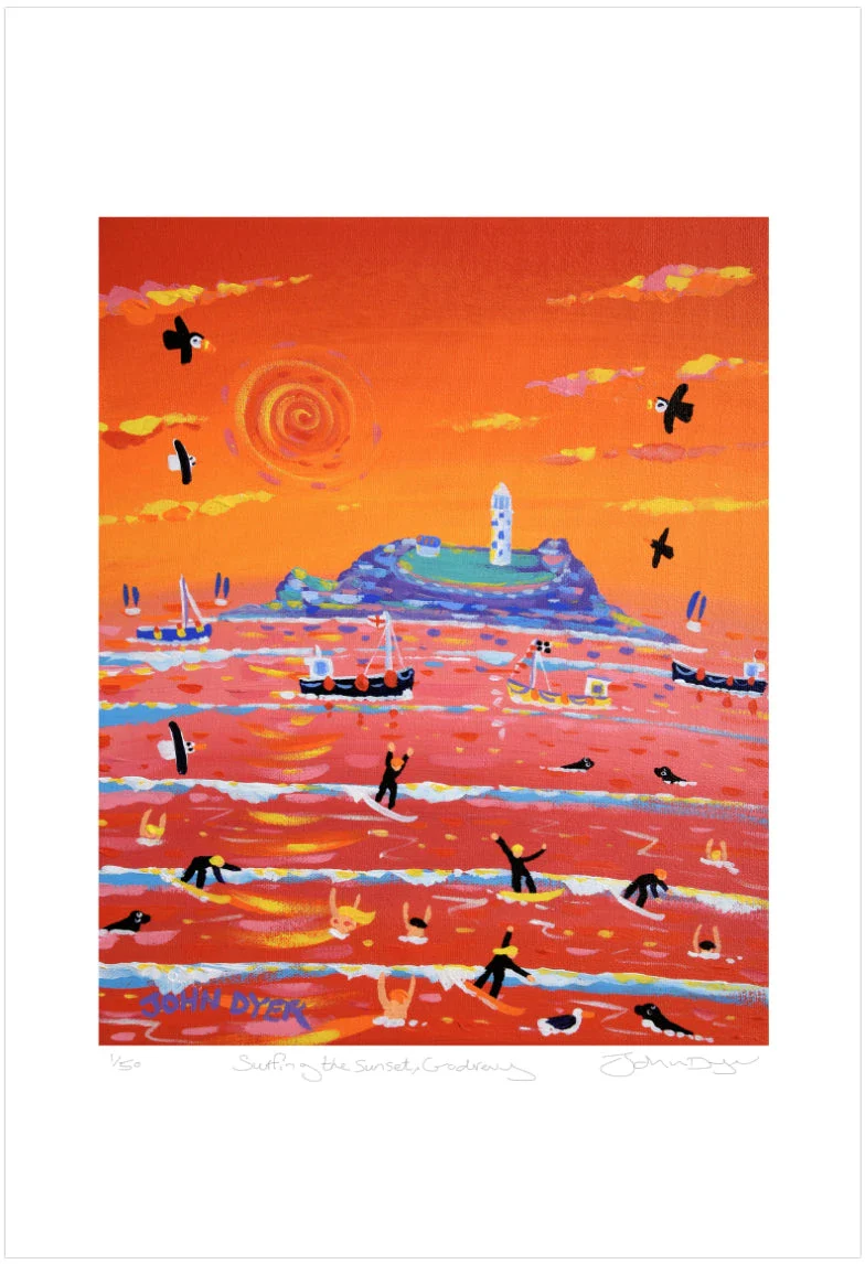 Signed Limited Edition Print by Cornish Artist John Dyer. 'Surfing the Sunset, Godrevy'. Cornwall Art Gallery print - Image 2