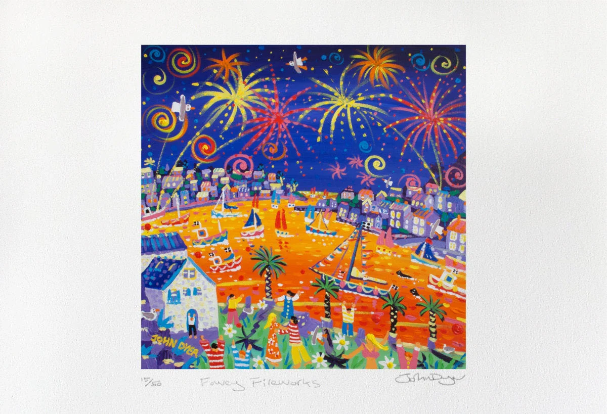 Limited Edition Print by Cornish artist John Dyer. 'Fowey Fireworks'. Cornwall Art Gallery Print - Image 2