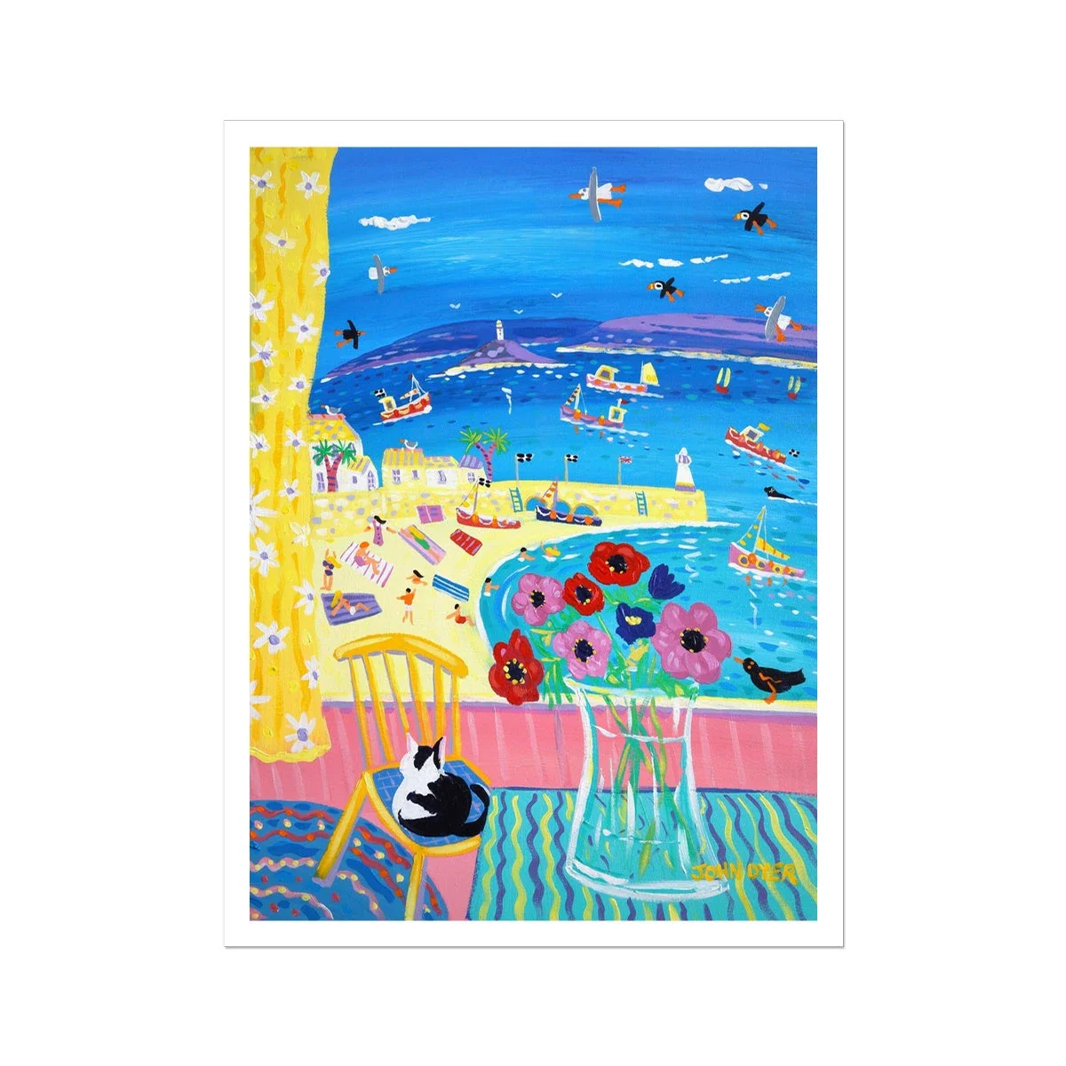 John Dyer Fine Art Print. Open Edition Cornish Art Beach Print. 'Cat Snoozing on the Chair, St Ives'. Cornwall Art Gallery