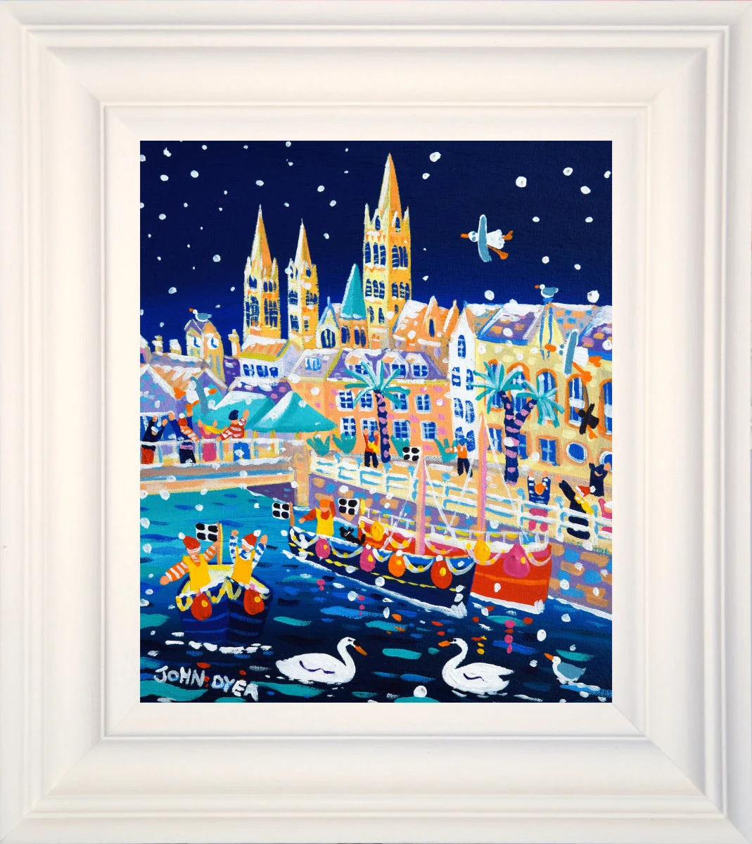 'Snowy Swans on the River, Truro Cathedral', 12x10 inches acrylic on canvas. Paintings of Cornwall. Cornish Artist John Dyer. Cornwall Art Gallery - Image 2