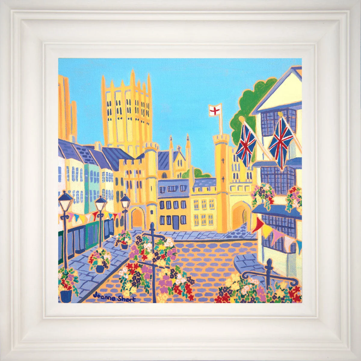 'Hanging Baskets, Bunting & Flags, Market Square, Wells'. 12x12 inches oil on canvas. Paintings of Somerset by Joanne Short. Somerset Art Gallery - Image 2