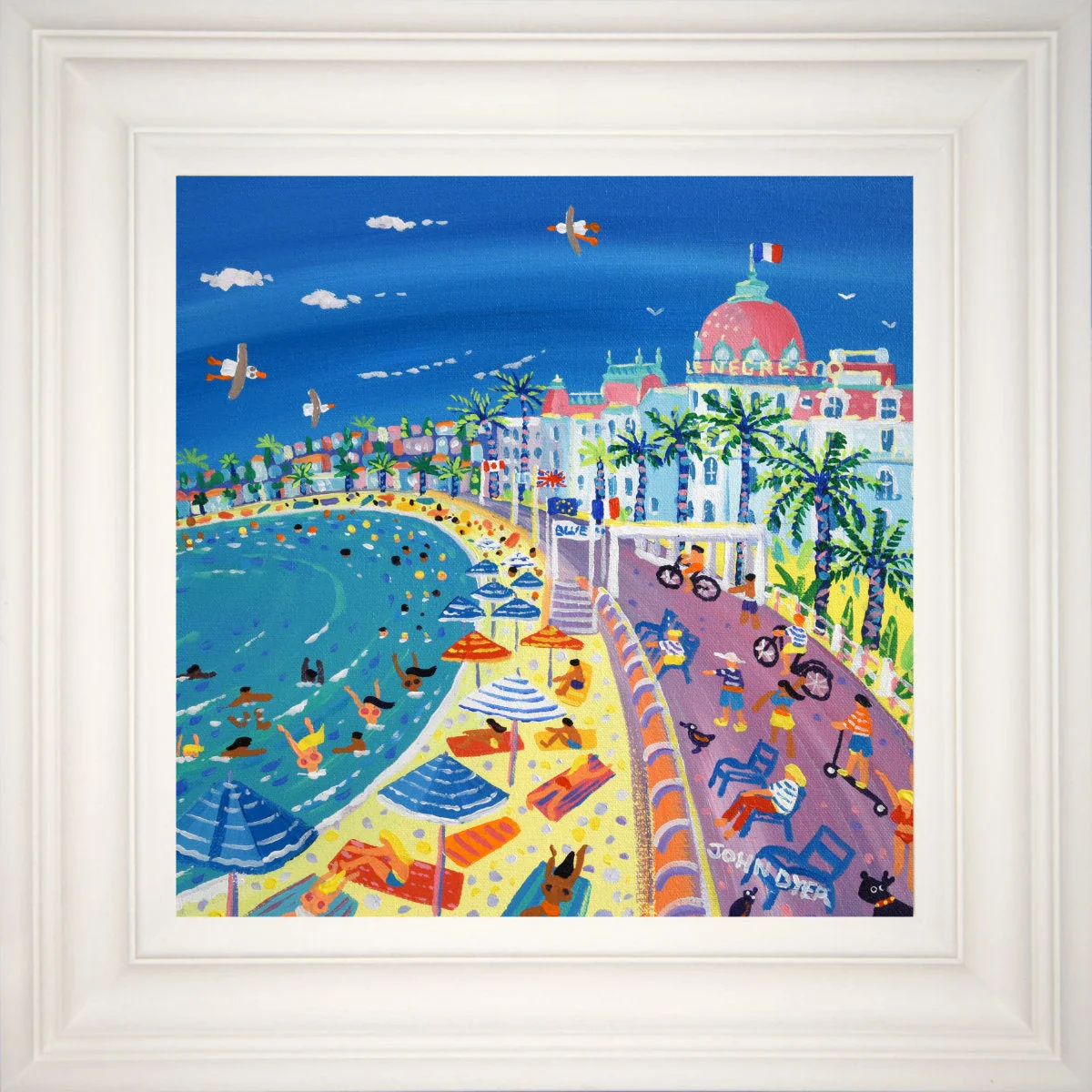 'Summer Fun on the Beach, Le Negresco, Nice', 12x12 inches acrylic on canvas. Paintings of France by British Artist John Dyer. French Art Gallery - Image 2