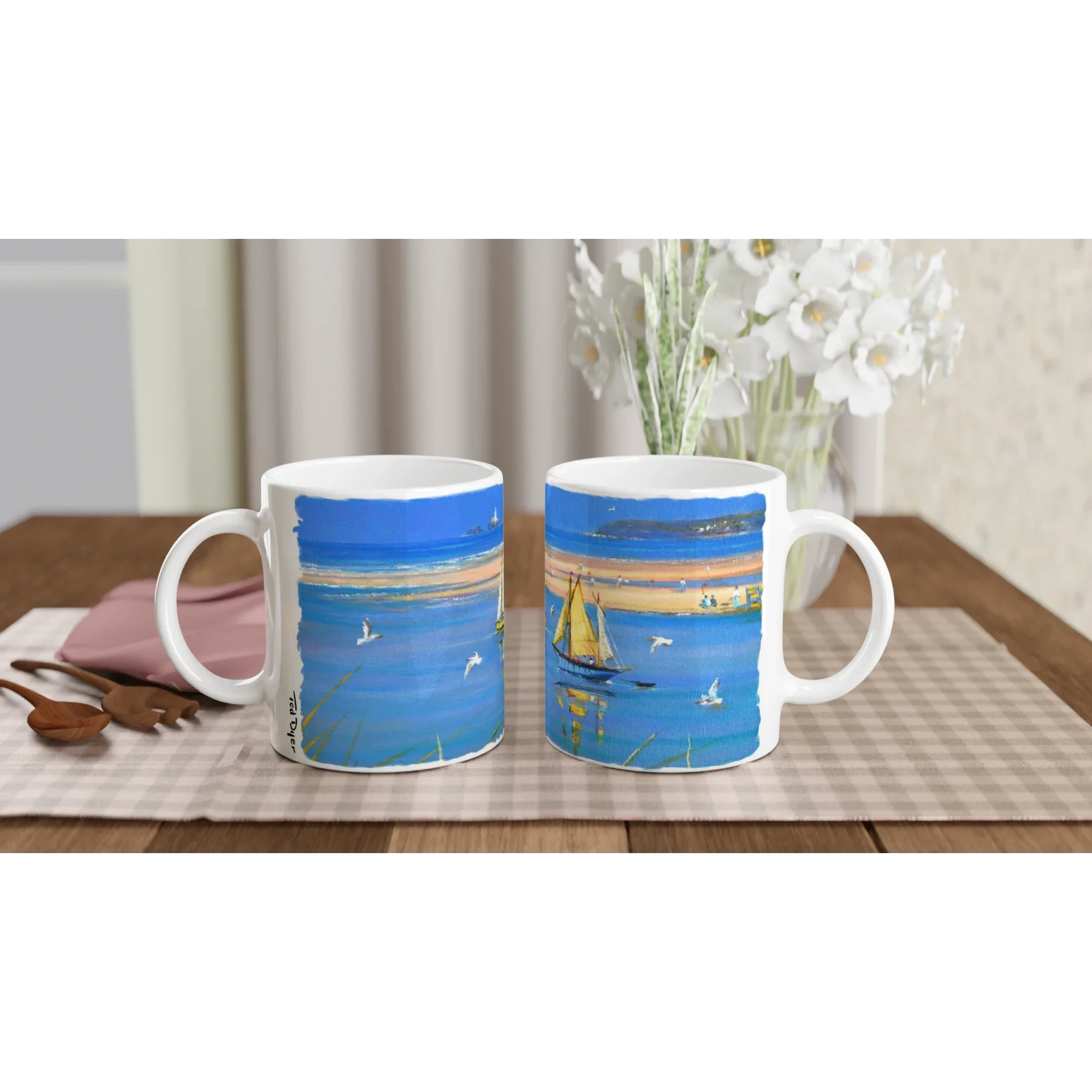 Ted Dyer Ceramic Cornish Art Mug. Paintings on Mugs Range. Godrevy Lighthouse and Gwithian, Cornwall - Image 4