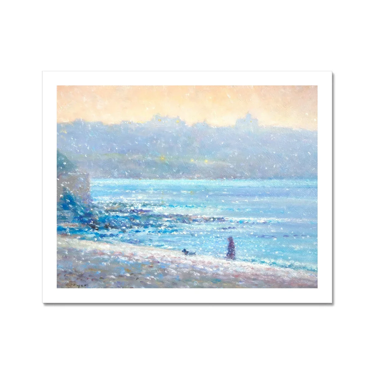 Ted Dyer Fine Art Print. Open Edition Cornish Art Print. 'Walking in a Snow Flurry, Falmouth'. Cornwall Art Gallery