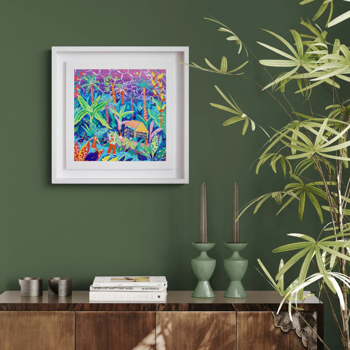 'Tropical Christmas Adventure, Eden Project'. 12 x 12 inches acrylic on canvas. Painting of the Eden Project by John Dyer - Image 3