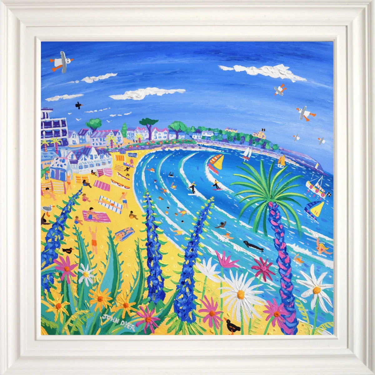 'Tropical Days at Gyllyngvase Beach, Falmouth', 30 x 30 inches acrylic on canvas. Coastal Paintings of Cornwall by Cornish Artist John Dyer - Image 2