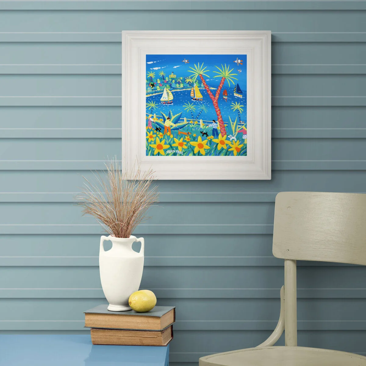 'Walking through the Daffodils, Falmouth', 12x12 inches acrylic on canvas. Cornwall Painting with Dogs by British Artist John Dyer. - Image 3