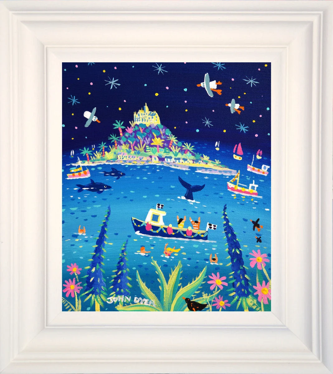 'Whale Watching, St Michael's Mount', 12x10 inches acrylic on canvas. Paintings of Cornwall. Cornish Artist John Dyer. Cornwall Art Gallery - Image 2